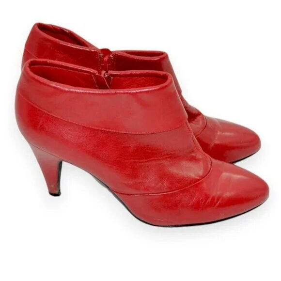 Aldo Fire Red Leather Classic Cone Heels Low Ankle Booties Shooties 39 8.5 - Picture 2 of 9